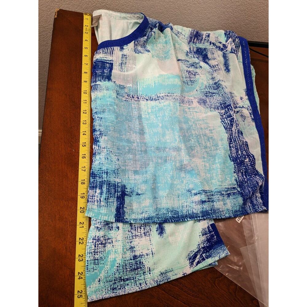 Easywear by Chico Short Sleeve Blouse M Blue Abstract Print Trimmed Table Art‎ - Picture 9 of 11